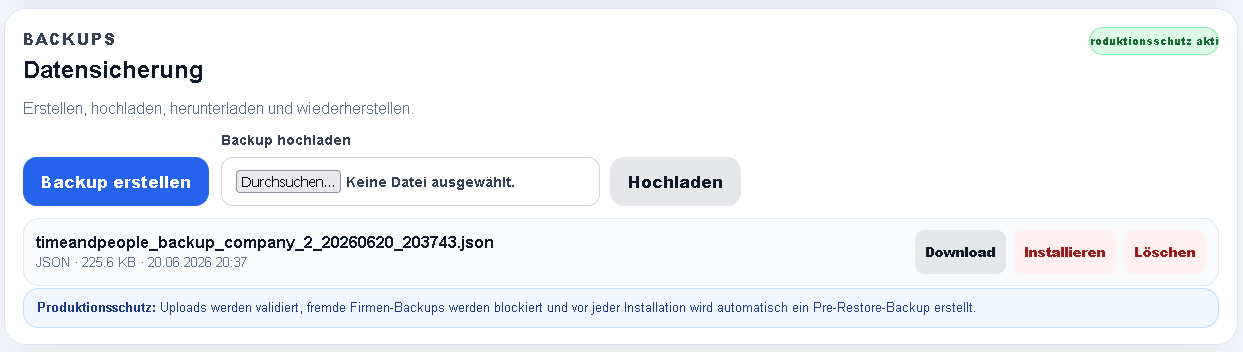 Echter Screenshot der Backup-Verwaltung in TAP
