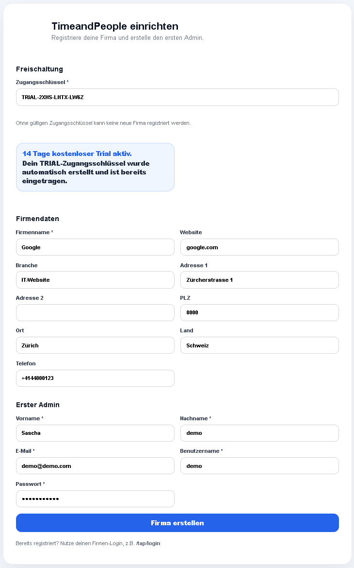 Echter Screenshot der Firmenregistrierung in TAP