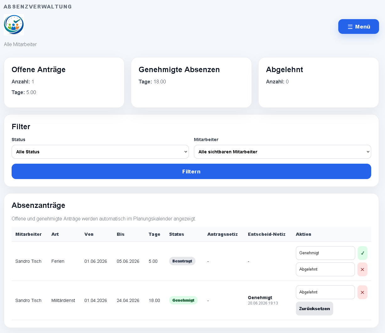 Echter Screenshot von Zeiterfassung und Absenzen in TAP